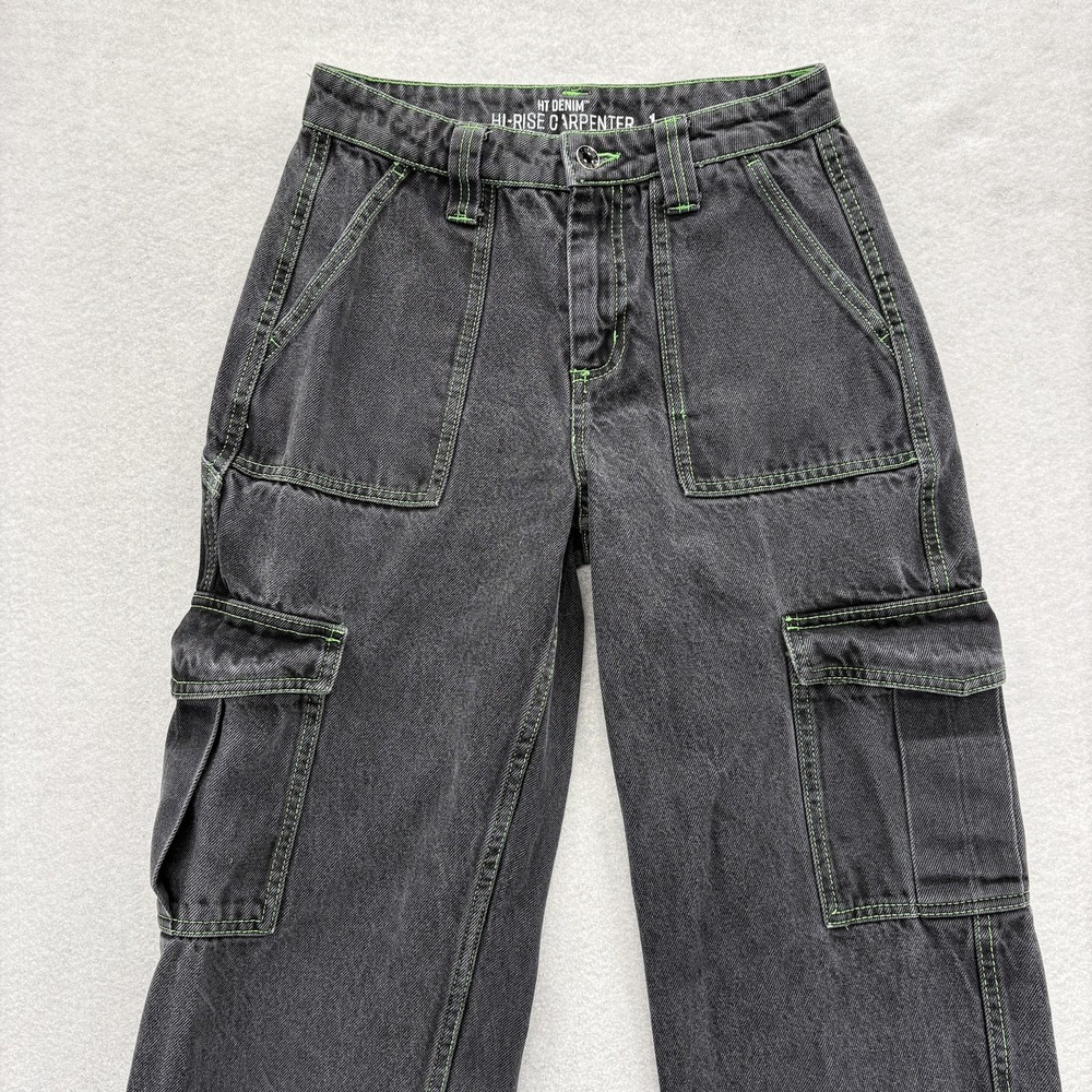 Hot Topic Denim Jeans Womens 1 Black Hi Rise Carpenter Cargo Utility Grunge Y2K - Picture 2 of 12